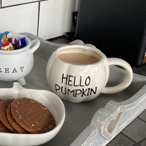 White Pumpkin Mug 14cm with the quote in black text 'Hello Pumpkin'