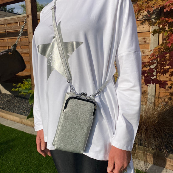 Silver Faux Leather Cross Body Purse/Mobile Bag