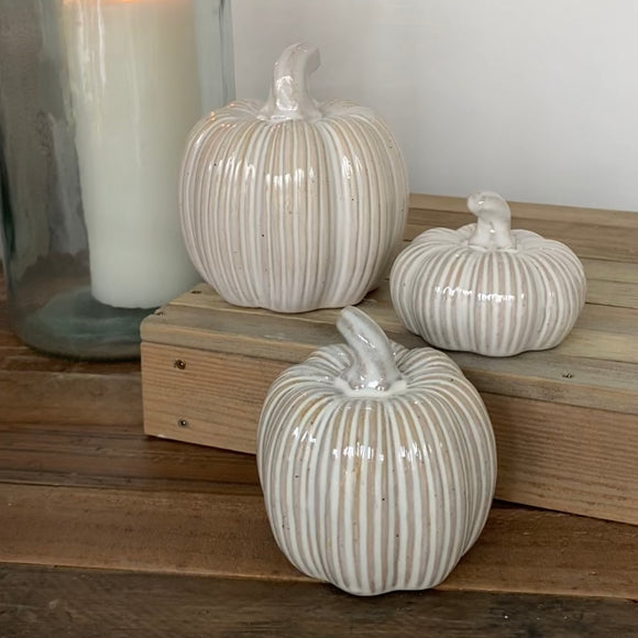 White Rustic Ceramic Pumpkins - Available in 3 sizes; Small 8cm, Medium 9.5cm & Large 12cm