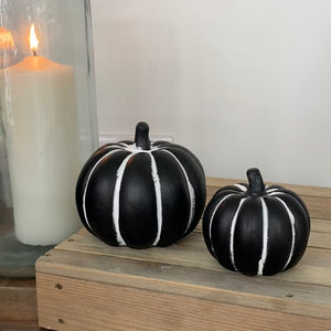 Black Concrete Pumpkins with White lines for effect Available in Small 8.5cm and Large 12cm approx