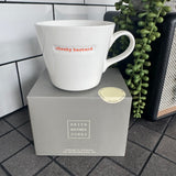 Word Range Medium Bucket White Porcelain Mug 350ml with handstamped quote
Colour font - Orange
Quote - cheeky bastard