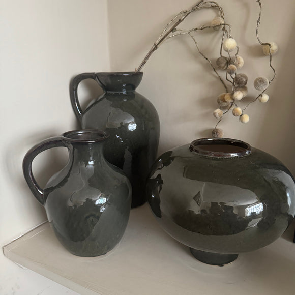 Dark Olive Glazed Ceramic Vases 
Available in 3 styles; Short with handle H22cm, Tall with Handle H32.5cm & Round wide vase H20cm