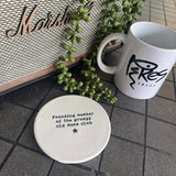 White glazed Ceramic Round Coaster 10cm with black text with star illustration;

Quote - Founding member of the grumpy old mens club