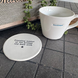 White glazed Ceramic Round Coaster 10cm with black text with star illustration;

Quote - Founding member of the grumpy old mens club