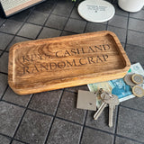 Wooden Quotable Small 23cm Tray with a quote in black text;
'Keys, Cash &amp; Random Crap'&nbsp;