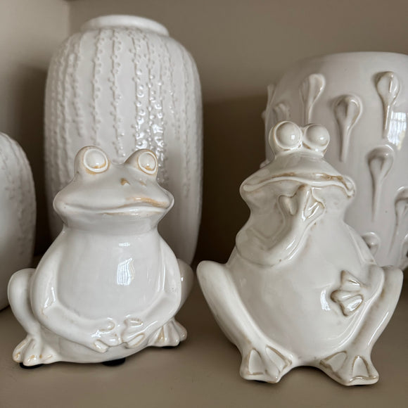 Off White / Cream distressed Ceramic Glazed Frog Decorative with fun expressions
Available in two expressions - Wondering H17cm & Smiling H14cm