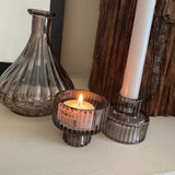 Warm Grey Glass small 2-way candle holder;
Available in Ribbed style
Tapered candle holder or a t-light holder