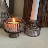 Warm Grey Glass small 2-way candle holder;
Available in Ribbed style
Tapered candle holder or a t-light holder