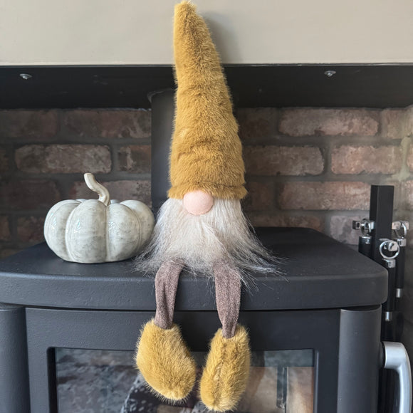 Sitting Fabric Gonk with a faux fur Ochre hat & boots and Brown body & legs H32cm