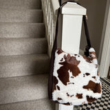 Faux Fur Bag with leather detail & strap - Cow print