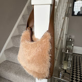 Faux Fur Bag with leather detail & strap - Linen