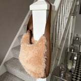Faux Fur Bag with leather detail & strap - Linen