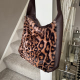 Faux Fur Bag with leather detail & strap - Leopard Print