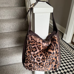 Faux Fur Bag with leather detail & strap - Leopard Print