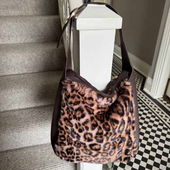 Faux Fur Bag with leather detail & strap - Leopard Print