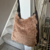 Faux Fur Bag with leather detail & strap - Mocha Mousse