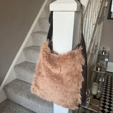 Faux Fur Bag with leather detail & strap - Mocha Mousse