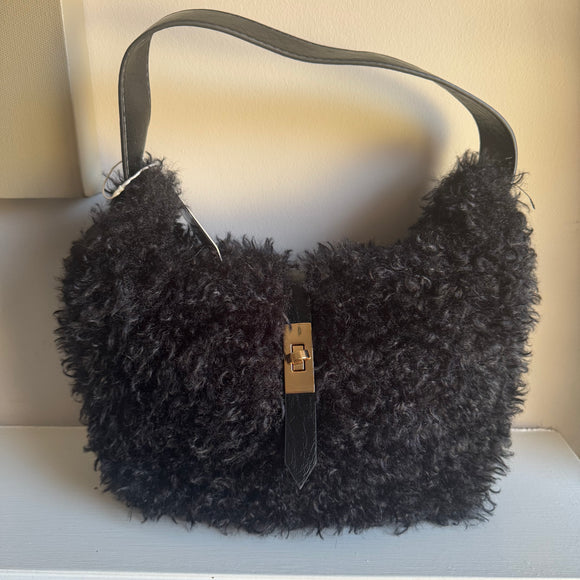 Faux Fur curly Black Bag with short strap