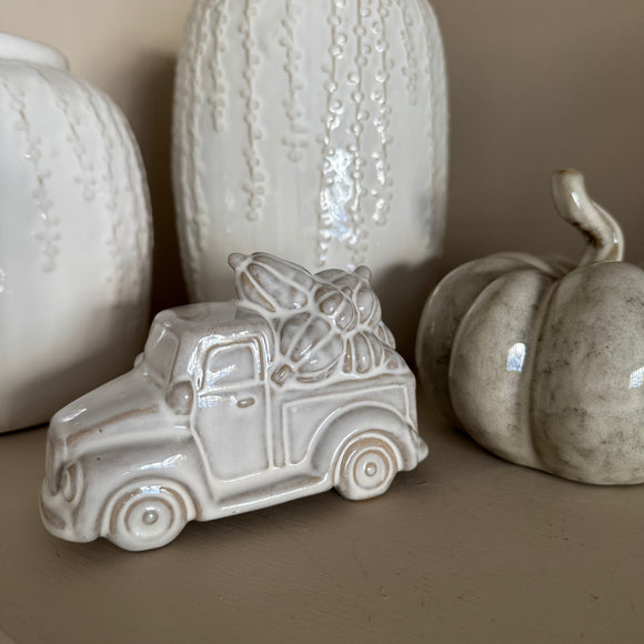 New to the Autumnal collection; Off White rustic glazed detailed ceramic Truck loaded with Pumpkins - H8.5 x L12.5 x D6cm