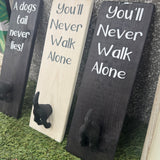 Made in the UK by Giggle Gift Co
Wooden L29.5cm Hanging Quotable Frame with a dog tail metal hook;
'You'll Never Walk Alone'
* BEST SELLER*