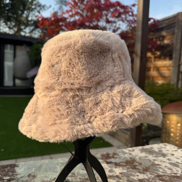 Faux Fur Bucket Hat - Stone