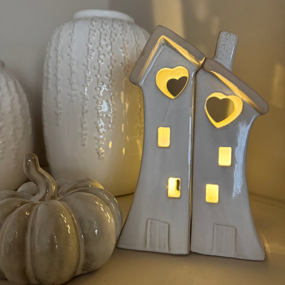 Stone Glazed Ceramic Light up Houses - Pair of slim houses