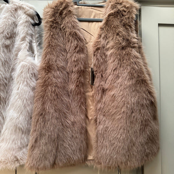 Faux Fur Long Gilet - Cappuccino