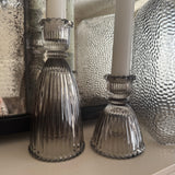 Smokey Brown/Grey Glass ribbed Tapered Candleholder
Available in 2 sizes - Small H9cm &amp; Medium H15cm