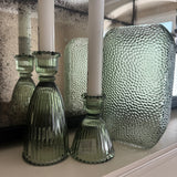 Vintage Green Dimpled Square Glass Vase H20cm x D11cm
