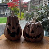 Chocolate Ceramic Glazed Pumpkins with a face cut out detail
Available in 2 sizes - Round 10cm &amp; Tall Large 15cm
