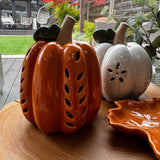 Neutral Ceramic LED Pumpkin with open flower detail