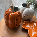Orange Ceramic LED Pumpkin with open leaf detail