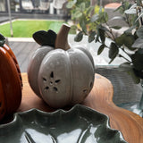 Small neutral ceramic glazed pumpkin with a rough stem &amp; green leaf detail.&nbsp; Has open flower detail cut out for the LED light to shine through H16cm
