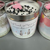 New to the collection are these quotable tin candles that compliment the Pebble picture range perfectly
Burn Time 50 hours
Fragrance - Classic Cotton topped with a pink heart &amp; sprinkles of glitter
Quote reads - 'Best Friend - Isn't life so much more fun when we're together'