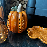 Orange Ceramic LED Pumpkin with open leaf detail