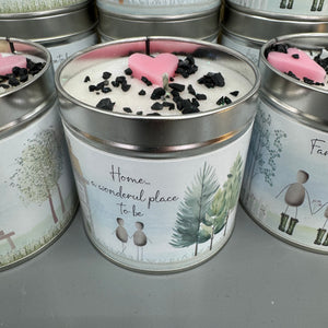 New to the collection are these quotable tin candles that compliment the Pebble picture range perfectly
Burn Time - 50 hours
Fragrance - Classic Cotton topped with a pink heart &amp; glitter detail
Quote reads - 'Home is a wonderful place to be'