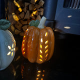 Orange Ceramic LED Pumpkin with open leaf detail
