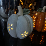 Small neutral ceramic glazed pumpkin with a rough stem &amp; green leaf detail.&nbsp; Has open flower detail cut out for the LED light to shine through H16cm