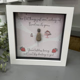 Framed Glitter Pebble Art - Midi White block square frame 17.5cm
Image - Pebble person is holding a cake in each hand
Quote - 'Dear Diet things just aren't working out.&nbsp; It's not me, its you... You're tasteless, boring and I can't stop cheating on you!'
