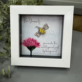 Mini Framed Pebble Art - White block square frame 12.5cm
Image - Pebble bee flying close to a pink flower
Quote - 'Bee yourself...you make the world special just by being in it'