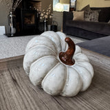 Ceramic Beige Textured Squashed Pumpkin Decoration with a twisted brown stalk 14cm