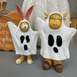 Standing Harry the Highland Cow Figure & Ruth Rabbit both wearing a Ghost costume 