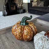 Ceramic Wart knobbly textured Orange Pumpkin Decoration with a twisted green stalk 11cm