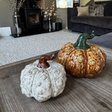 Ceramic Wart knobbly textured Orange Pumpkin Decoration with a twisted green stalk 11cm