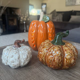 Ceramic Wart knobbly textured Orange Pumpkin Decoration with a twisted green stalk 11cm
