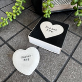 Small White porcelain heart 3cm
Presented in a small 4cm box
Black Text Quote - 'Pocket hug'&nbsp;

Keep this pocket hug warm and snug because even though I can't be there it will remind you that I always care.