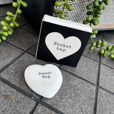 Small White porcelain heart 3cm
Presented in a small 4cm box
Black Text Quote - 'Pocket hug'&nbsp;

Keep this pocket hug warm and snug because even though I can't be there it will remind you that I always care.