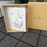 Belly Button Designs - Unique British Brand

Signature Collection - Gifted with love
Mini white Porcelain Heart decoration on card 'Just to say' &amp; Gift boxed 10cm
Quote - Lovely mum