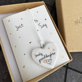 Belly Button Designs - Unique British Brand

Signature Collection - Gifted with love
Mini white Porcelain Heart decoration on card 'Just to say' &amp; Gift boxed 10cm
Quote - Lovely Granddaughter