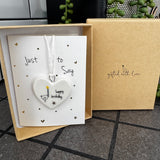 Belly Button Designs - Unique British Brand

Signature Collection - Gifted with love
Mini white Porcelain Heart decoration on card 'Just to say' &amp; Gift boxed 10cm
Quote - Happy Birthday